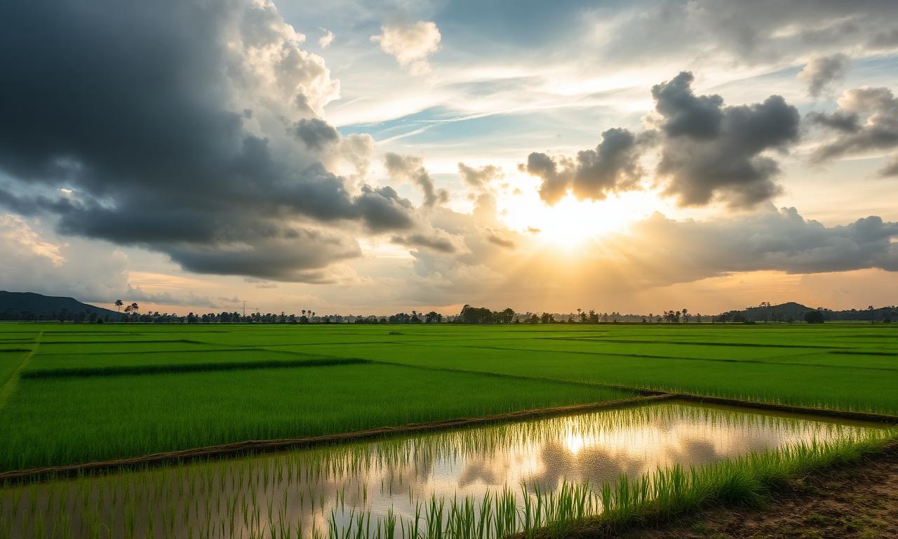 Monsoon clouds over rice fields